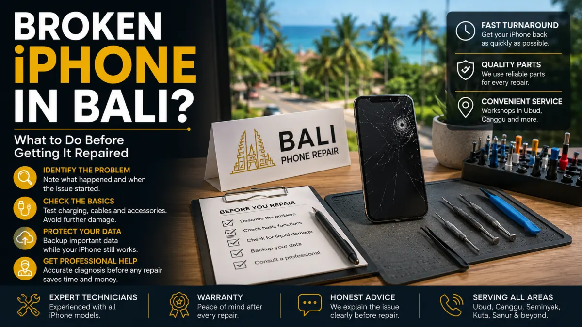 Broken iPhone in Bali with cracked screen prepared for professional repair