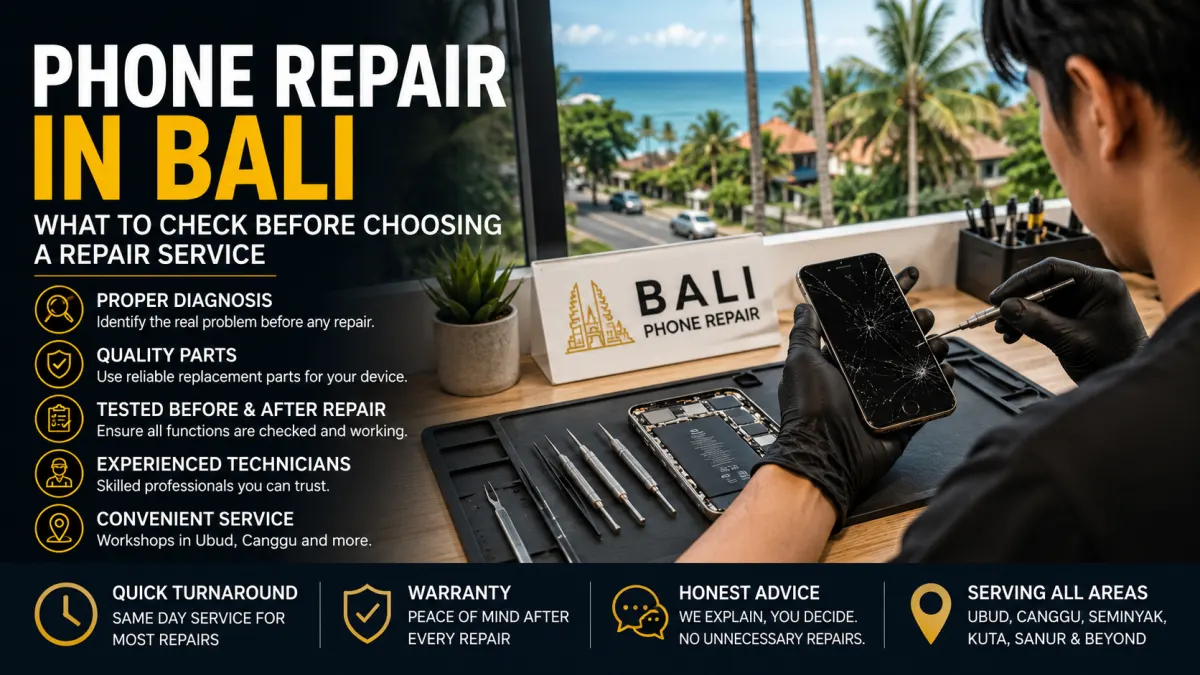 Phone repair in Bali with technician diagnosing and repairing a smartphone