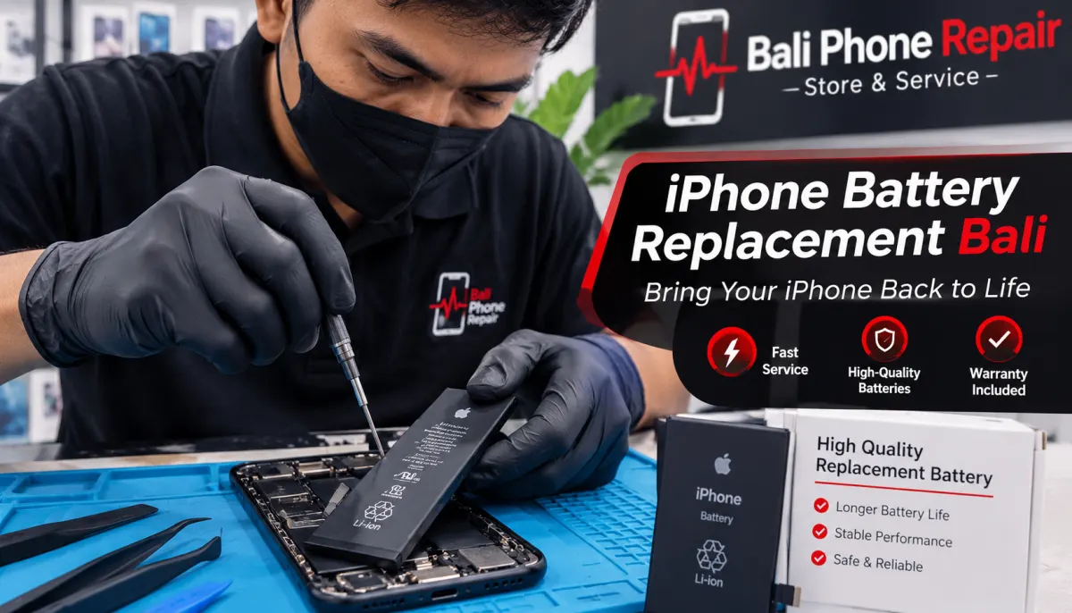 Technician diagnosing an iPhone with fast battery drain at Bali Phone Repair