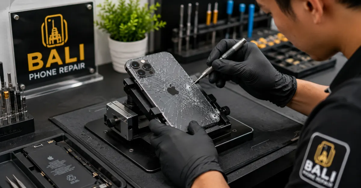 Technician repairing an iPhone charging port in Bali