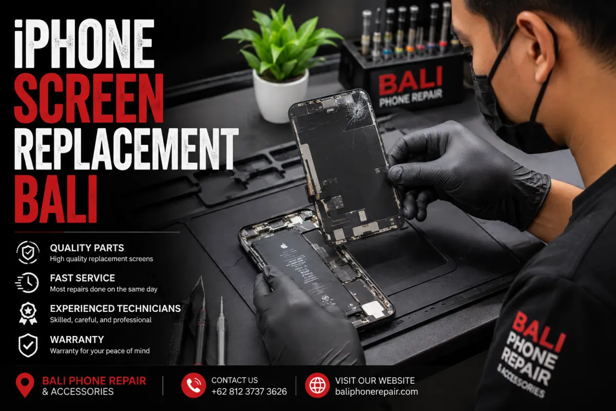 Technician replacing a damaged iPhone screen at Bali Phone Repair