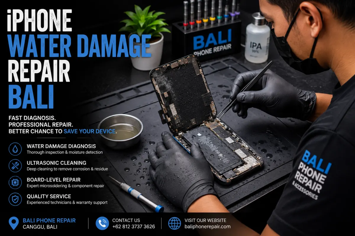 Technician repairing a water damaged iPhone in Bali