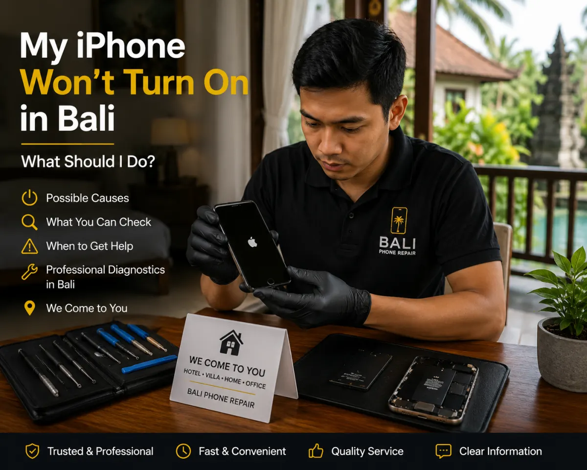 Technician checking an iPhone that will not turn on in Bali